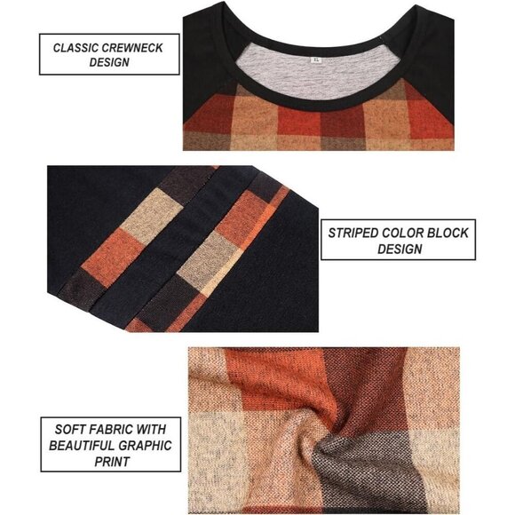 Women's Long Sleeve Fall Tunic Block Camo Plaid Blouse Crewneck T-Shirt - Picture 2 of 3